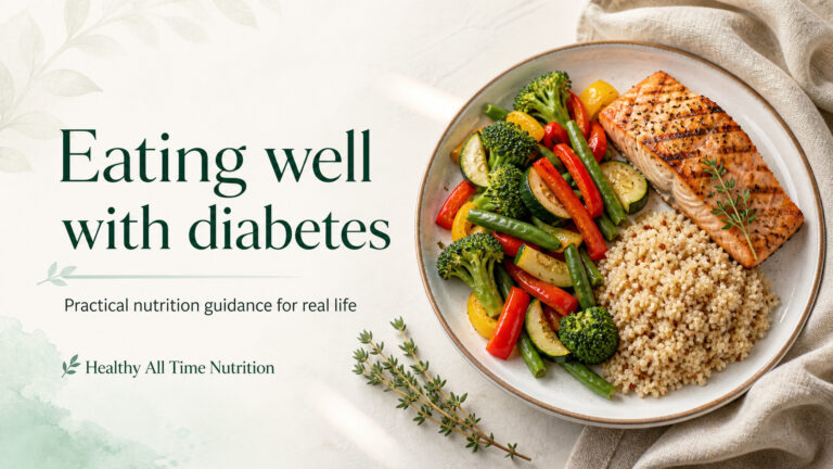 Eating well with diabetes: balanced meal with salmon, vegetables, and whole grains.