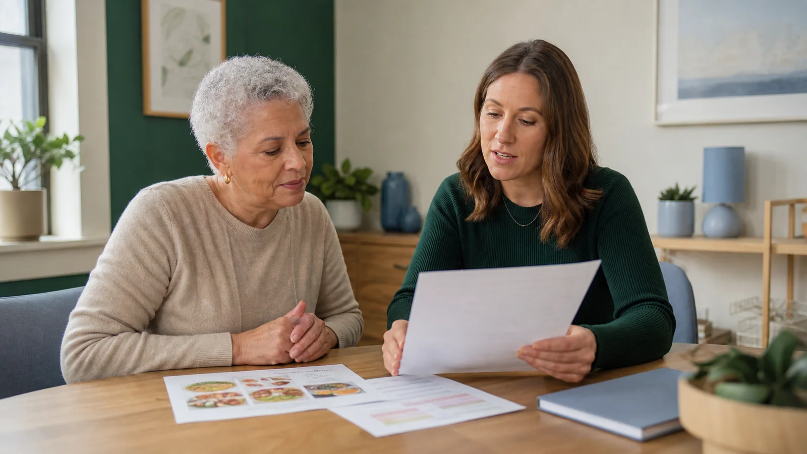 Older adult reviewing a diabetes and kidney nutrition plan with a registered dietitian in a welcoming clinic