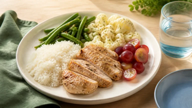 Balanced kidney-supportive meal with fresh vegetables, rice, and a moderate portion of protein