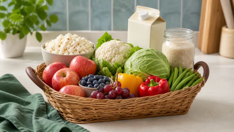 Kidney-friendly grocery basket with fresh fruit, vegetables, rice, pasta, eggs, and minimally processed foods