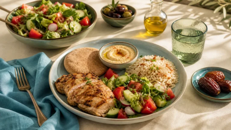 Balanced Middle Eastern meal with grilled chicken, rice, hummus, pita, chopped salad, and vegetables