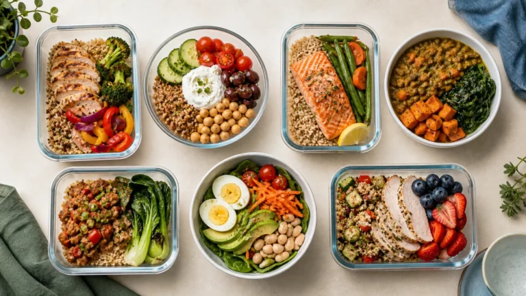 Seven balanced prediabetes meals with vegetables, lean proteins, whole grains, beans, and fruit