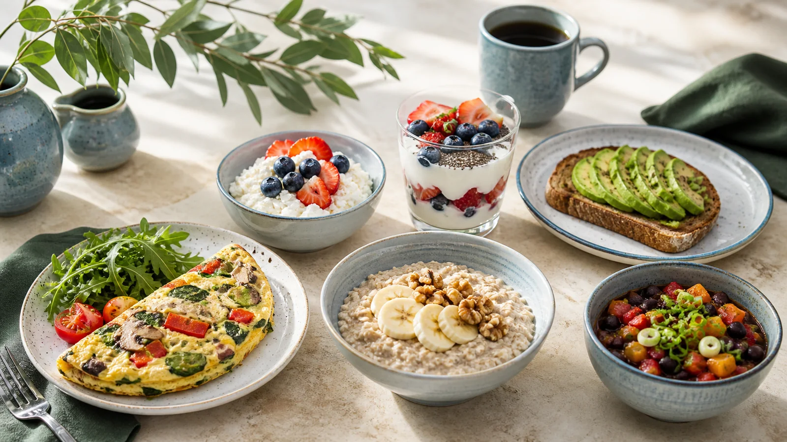 Colorful assortment of balanced diabetes breakfasts with eggs, oats, yogurt, berries, vegetables, beans, and whole grains
