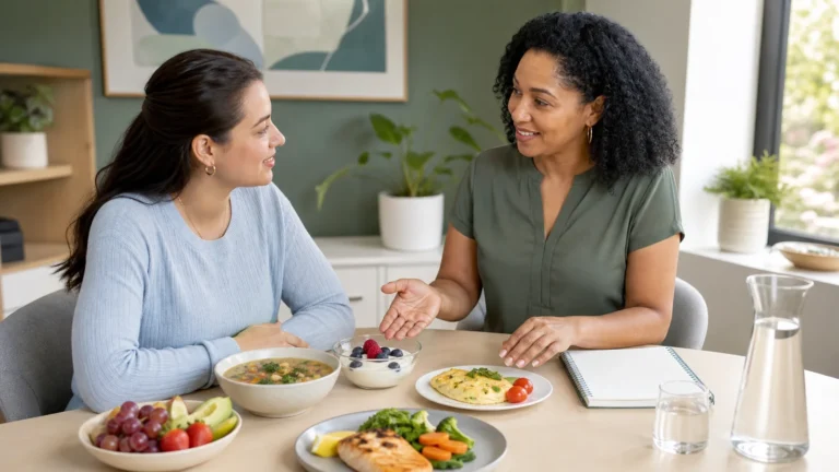 Small nutrient-dense meals with yogurt, eggs, soup, fish, vegetables, fruit, whole grains, and water for GLP-1 nutrition support