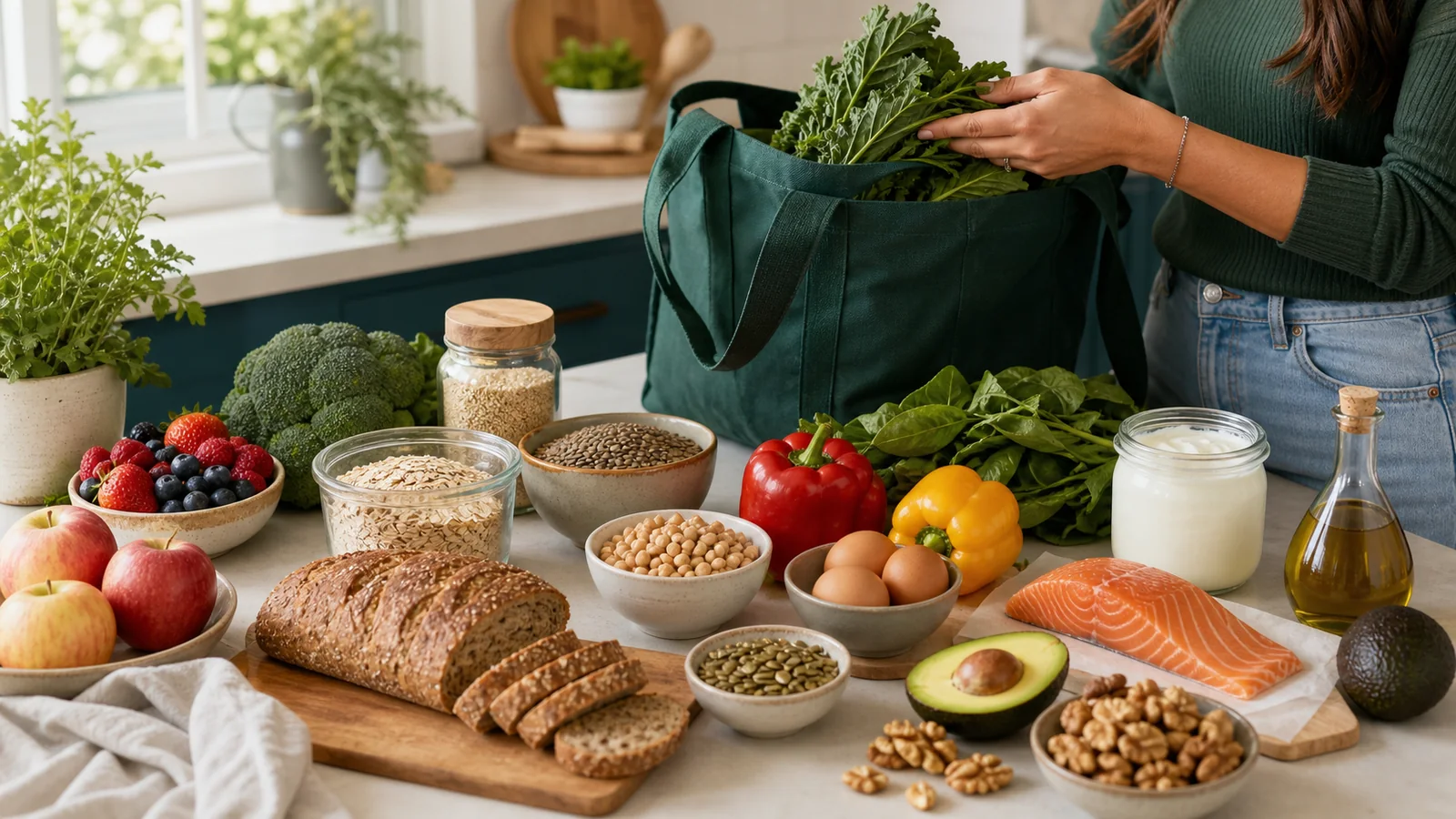 Colorful PCOS grocery basket with vegetables, fruit, whole grains, legumes, eggs, yogurt, and fish