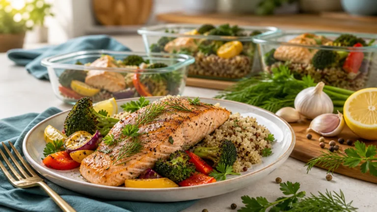 Colorful low-sodium meal prepared with vegetables, whole grains, herbs, lemon, and grilled fish