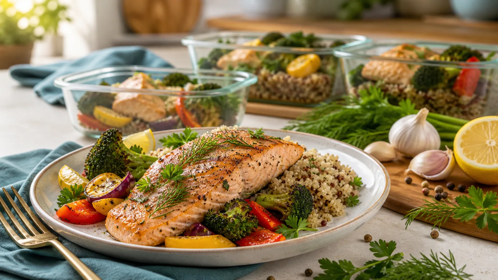 Colorful low-sodium meal prepared with vegetables, whole grains, herbs, lemon, and grilled fish