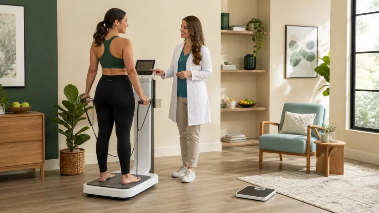 Adult completing a professional body composition test with guidance from a registered dietitian