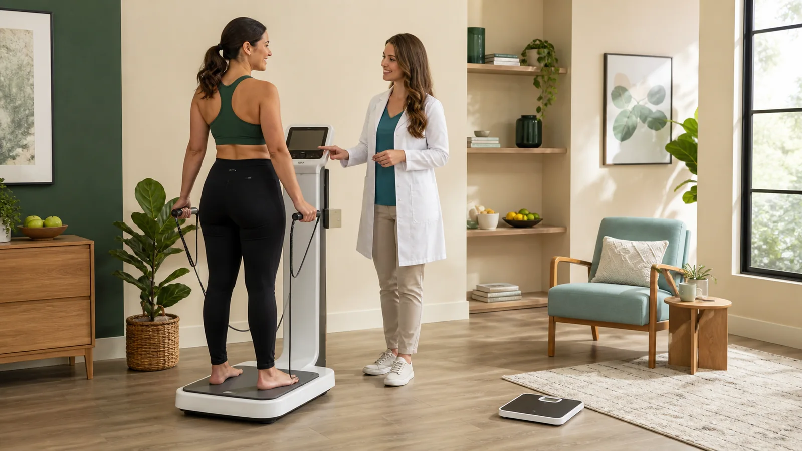 Adult completing a professional body composition test with guidance from a registered dietitian