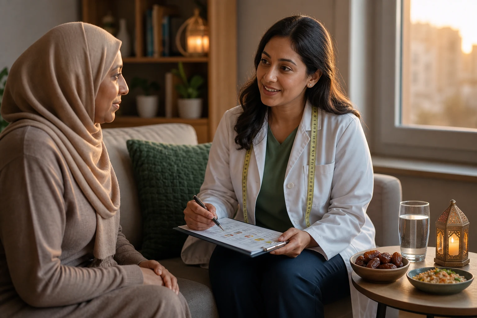 Registered dietitian and Muslim adult reviewing diabetes questions before Ramadan