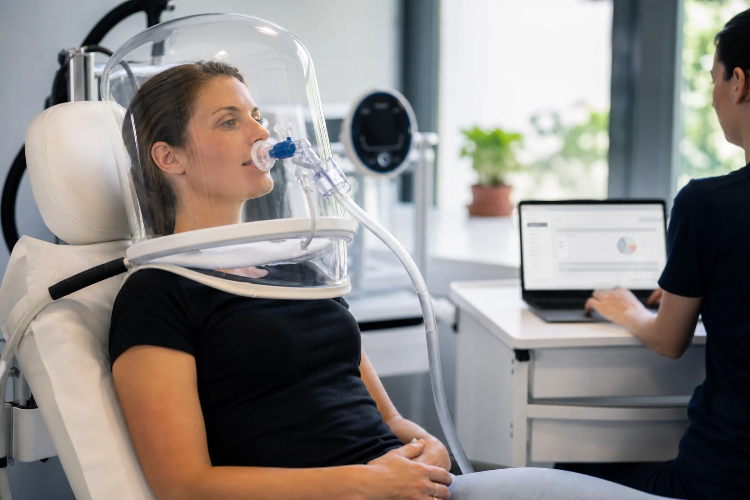 Adult completing a resting metabolic rate breathing test with a registered dietitian