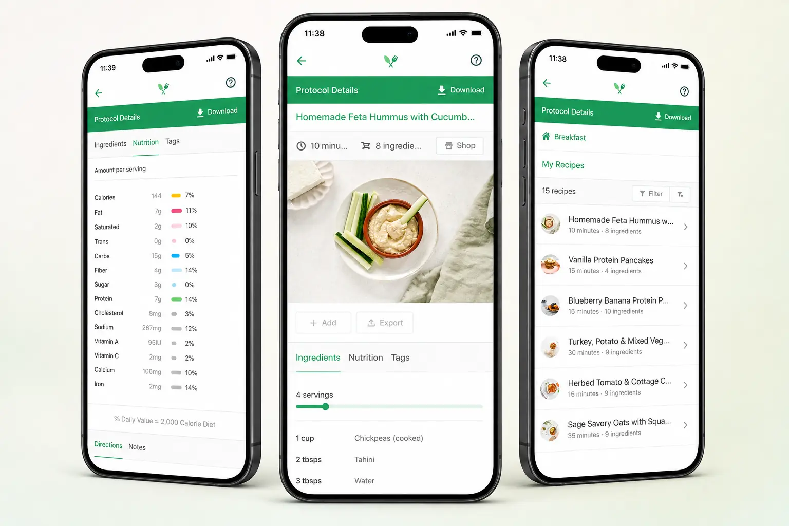 Three phone screens showing personalized recipes, nutrition details, and meal ideas