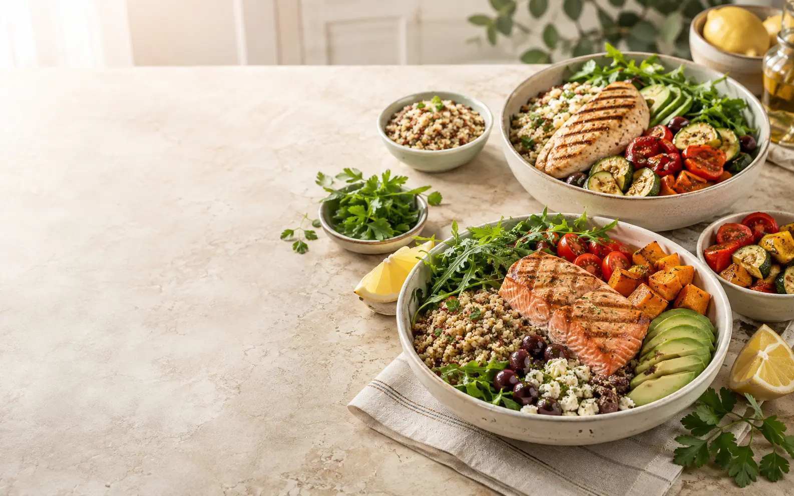 Colorful balanced meals with protein, vegetables, grains, and avocado