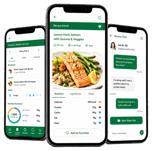 Practice Better app screens showing the food journal, recipes, and secure chat