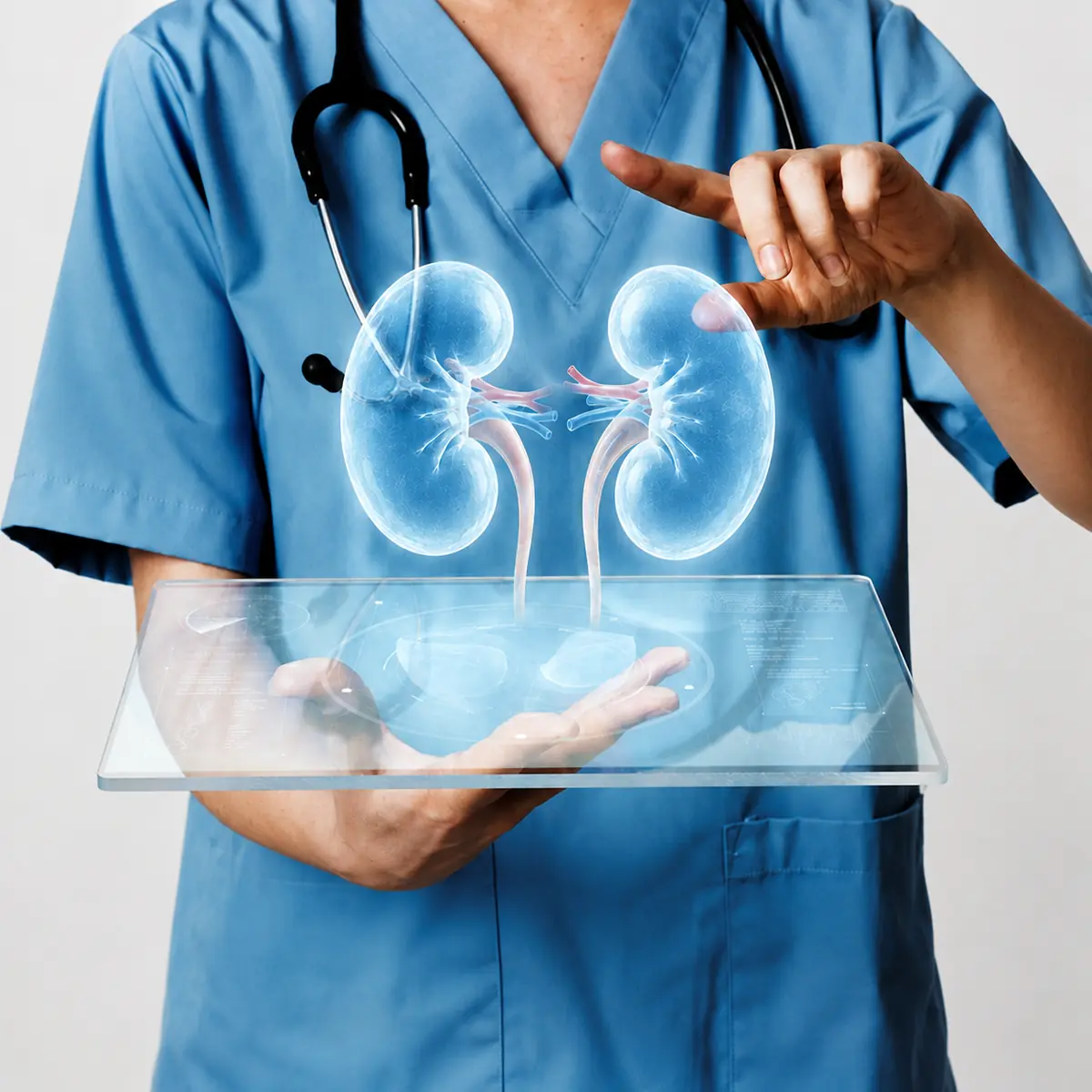 Healthcare professional presenting a digital illustration of human kidneys