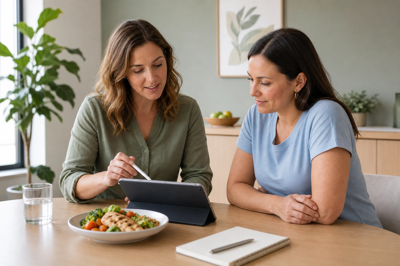 A dietitian reviewing a personalized meal plan with a client
