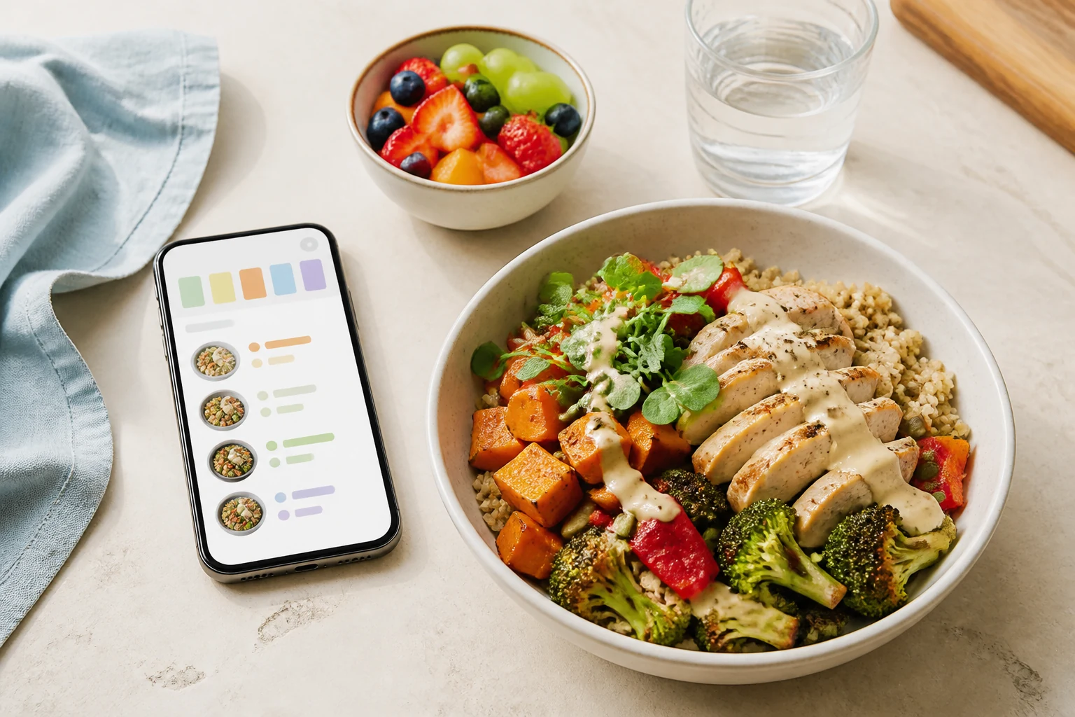 A colorful balanced meal beside a personalized meal plan on a smartphone