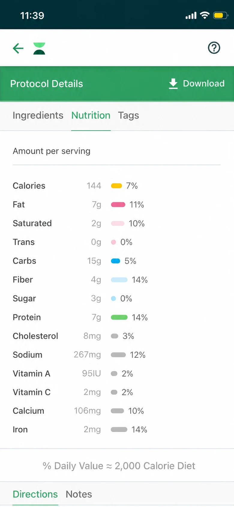Calories, macros, and key nutrients per serving in the meal plan app