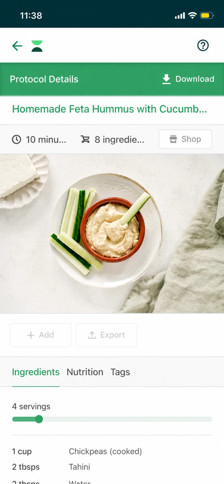 Recipe details with servings and ingredients in the meal plan app