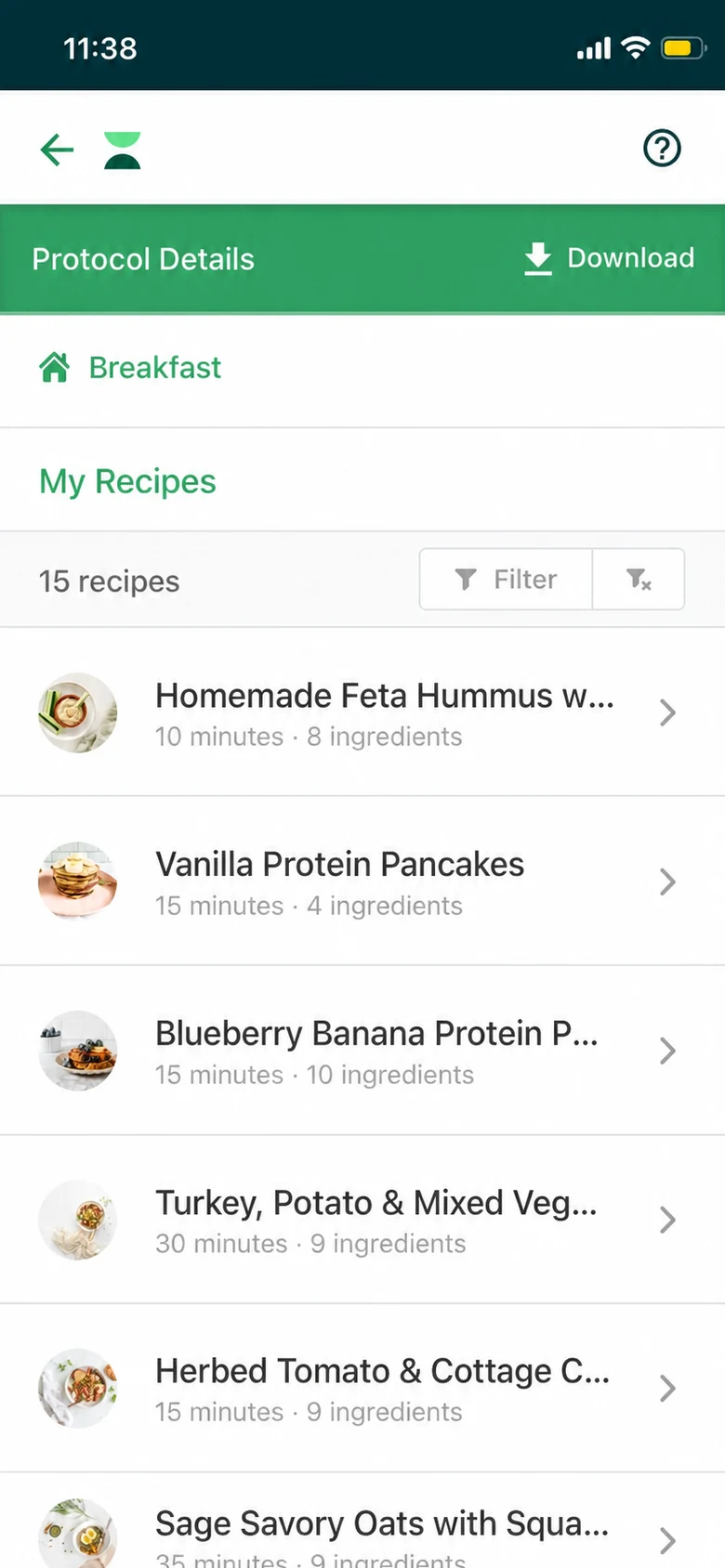 Recipe library with preparation time and ingredient details in the meal plan app