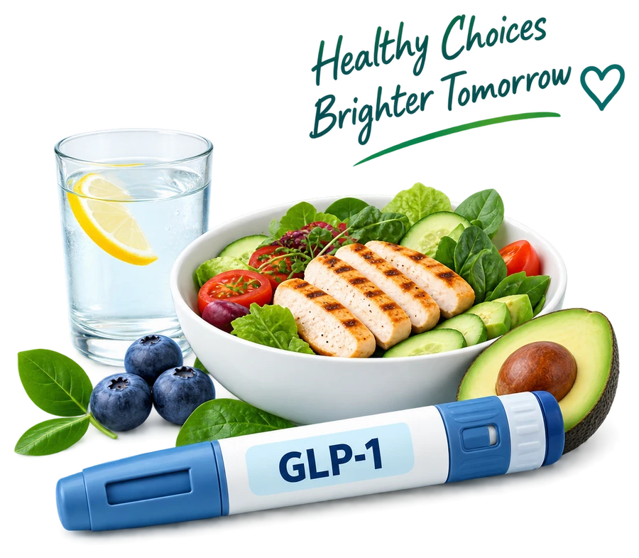 GLP-1 nutrition support: balanced meal, water, and a medication pen