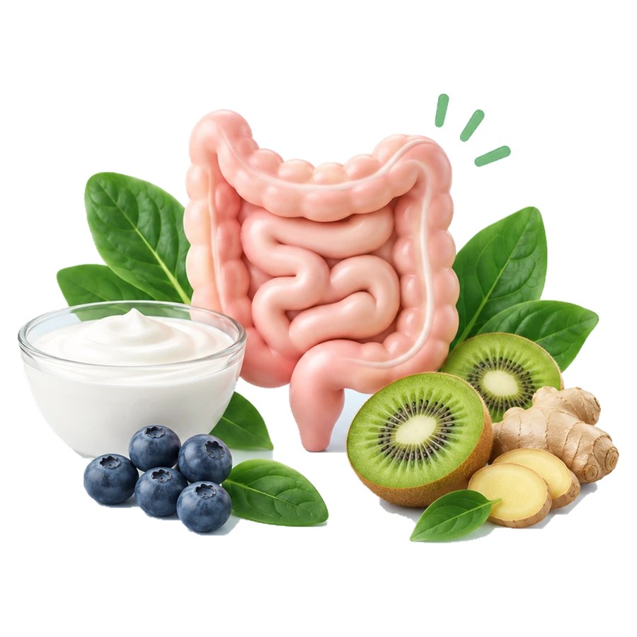 Illustration of digestive wellness with yogurt, kiwi, berries and greens