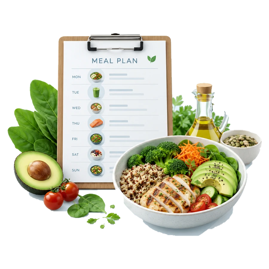 A personalized meal planner with a balanced chicken and vegetable bowl
