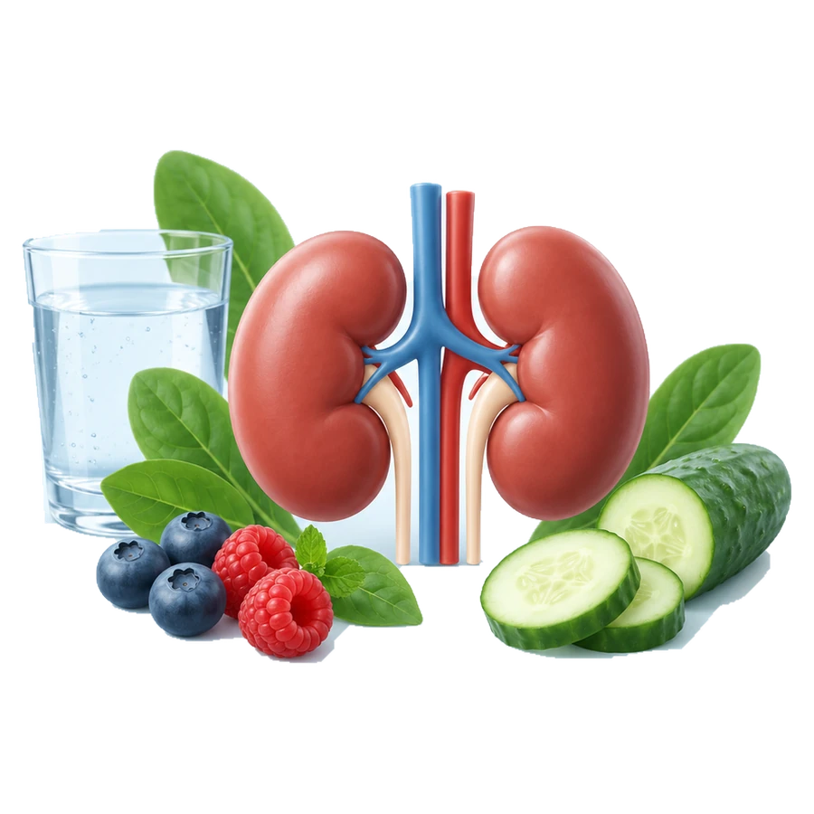 Illustration of kidneys with water, berries and cucumber