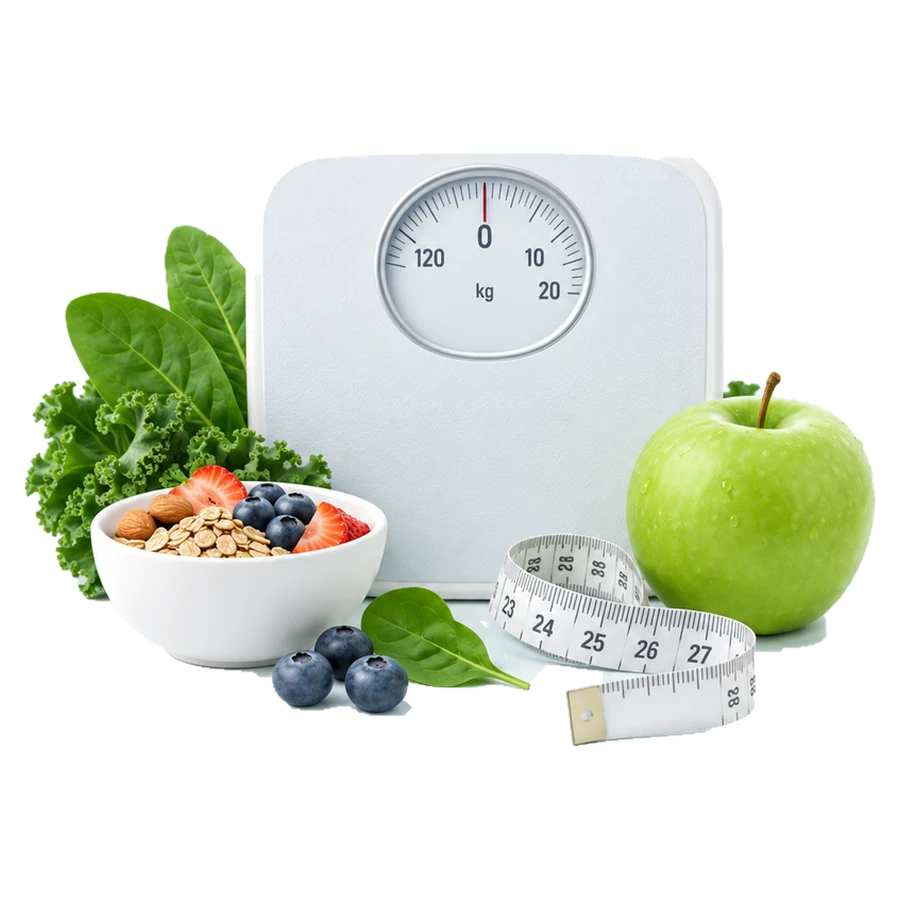 A scale, measuring tape and balanced foods representing weight management