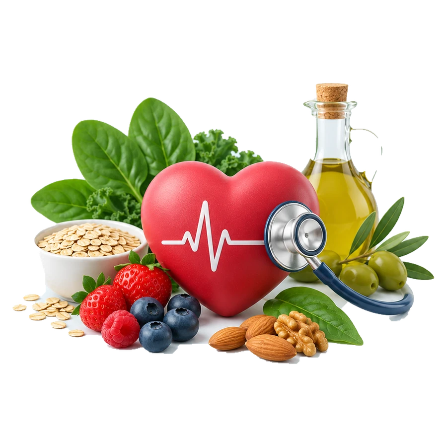Heart health illustration with a stethoscope, oats, berries, nuts and olive oil