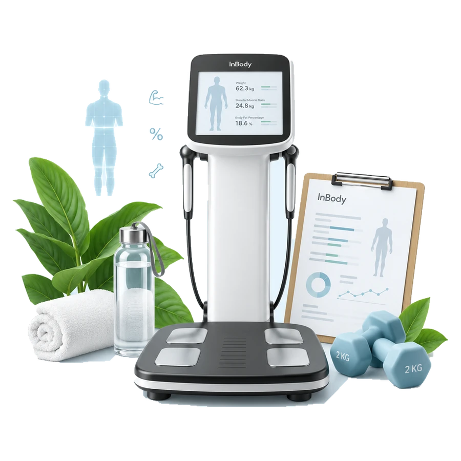 Illustration of a body composition analyzer and a sample results report