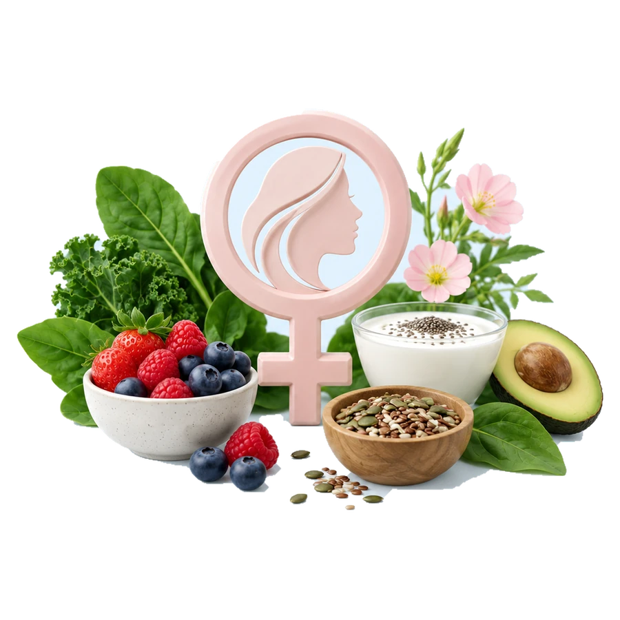 Women’s nutrition and wellness illustration with berries, seeds and greens