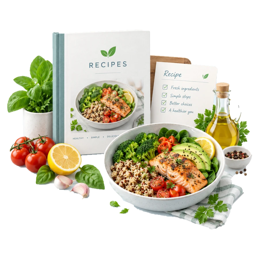 A healthy recipe book with a balanced salmon and vegetable bowl