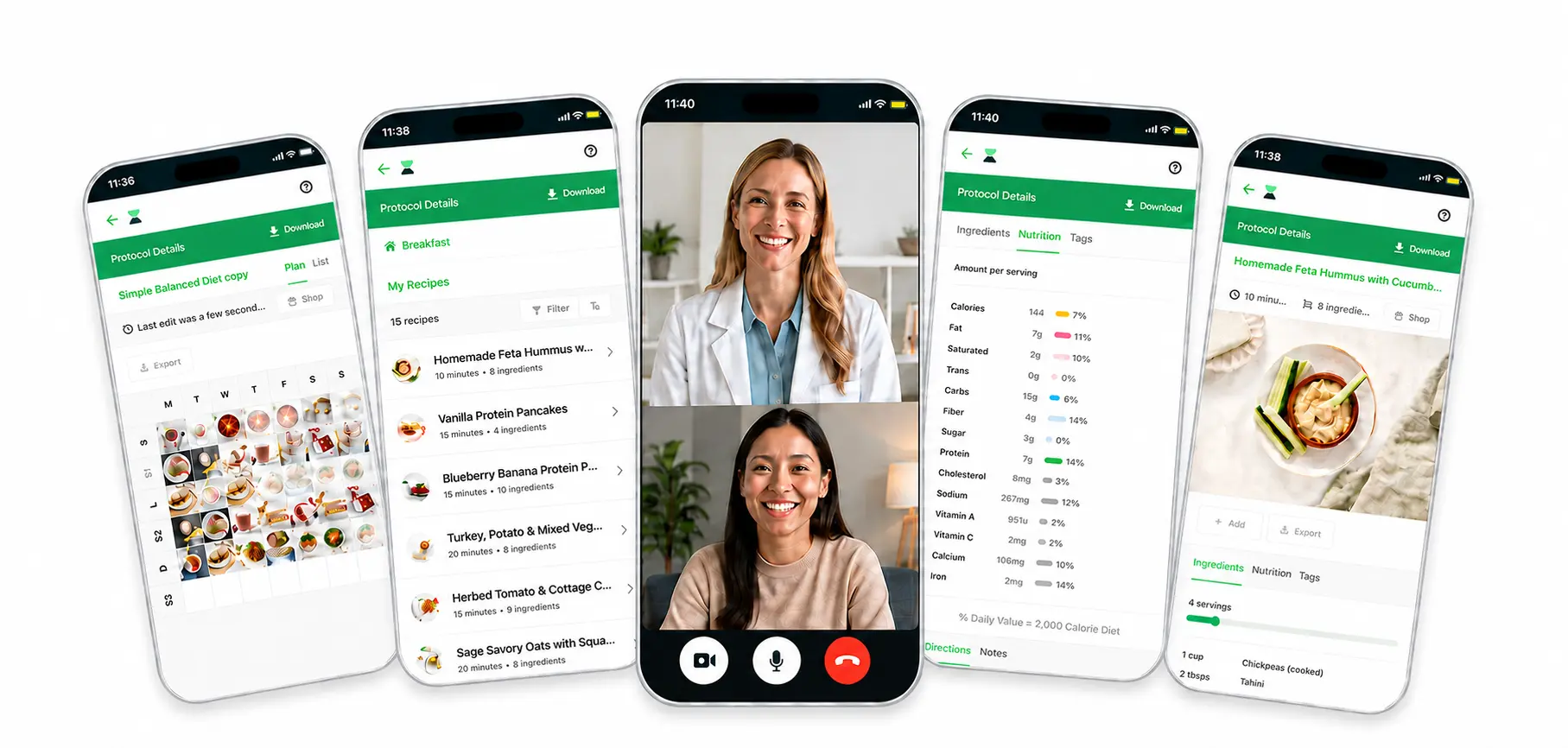 Virtual dietitian app screens showing recipes, nutrition information, and a video consultation